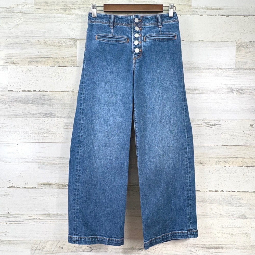 Ann Taylor Wide Leg Jeans Womens 0P Blue Button Fly High Rise Chic Capsule